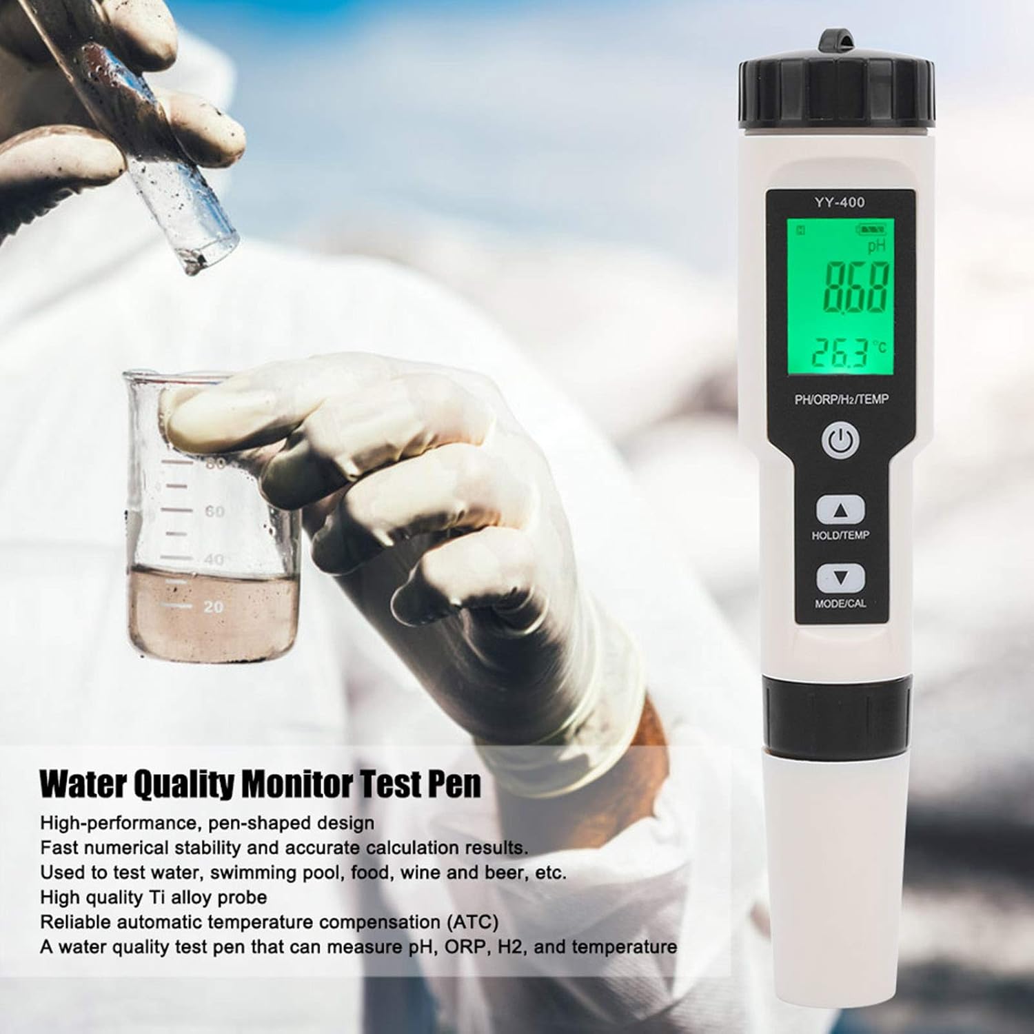 Water Quality Monitor Test Pen, Portable 4 in 1 PH ORP H2 Temperature Tester for Test Water, Swimming Pools, Spas, Hydroponics, Food, Wine and Beer