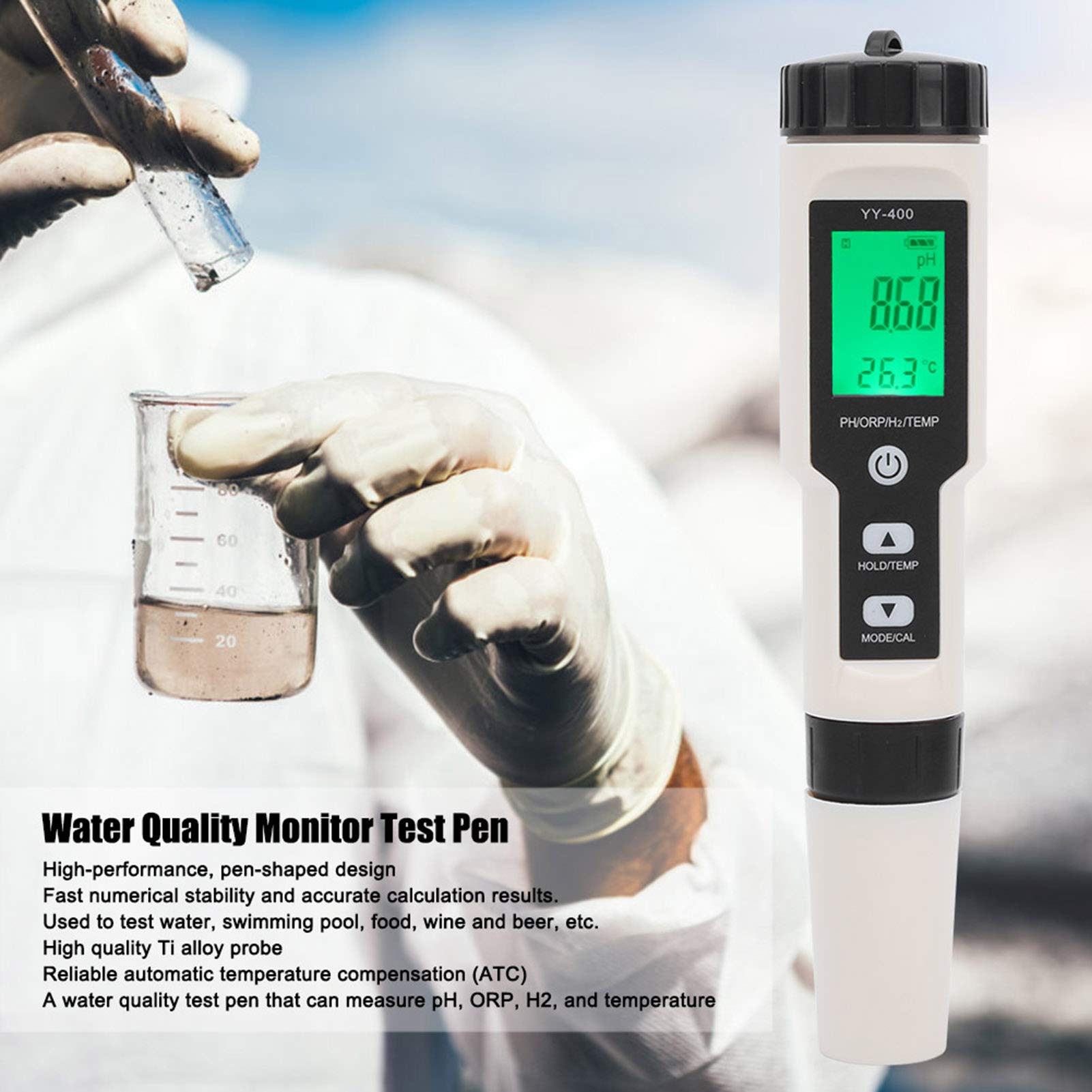 Testeur multifonctionnel de moniteur de qualité de l'eau, testeur de température portable 4 en 1 PH ORP H2, affichage numérique LCD, testeur d'eau idéal pour piscine/eau