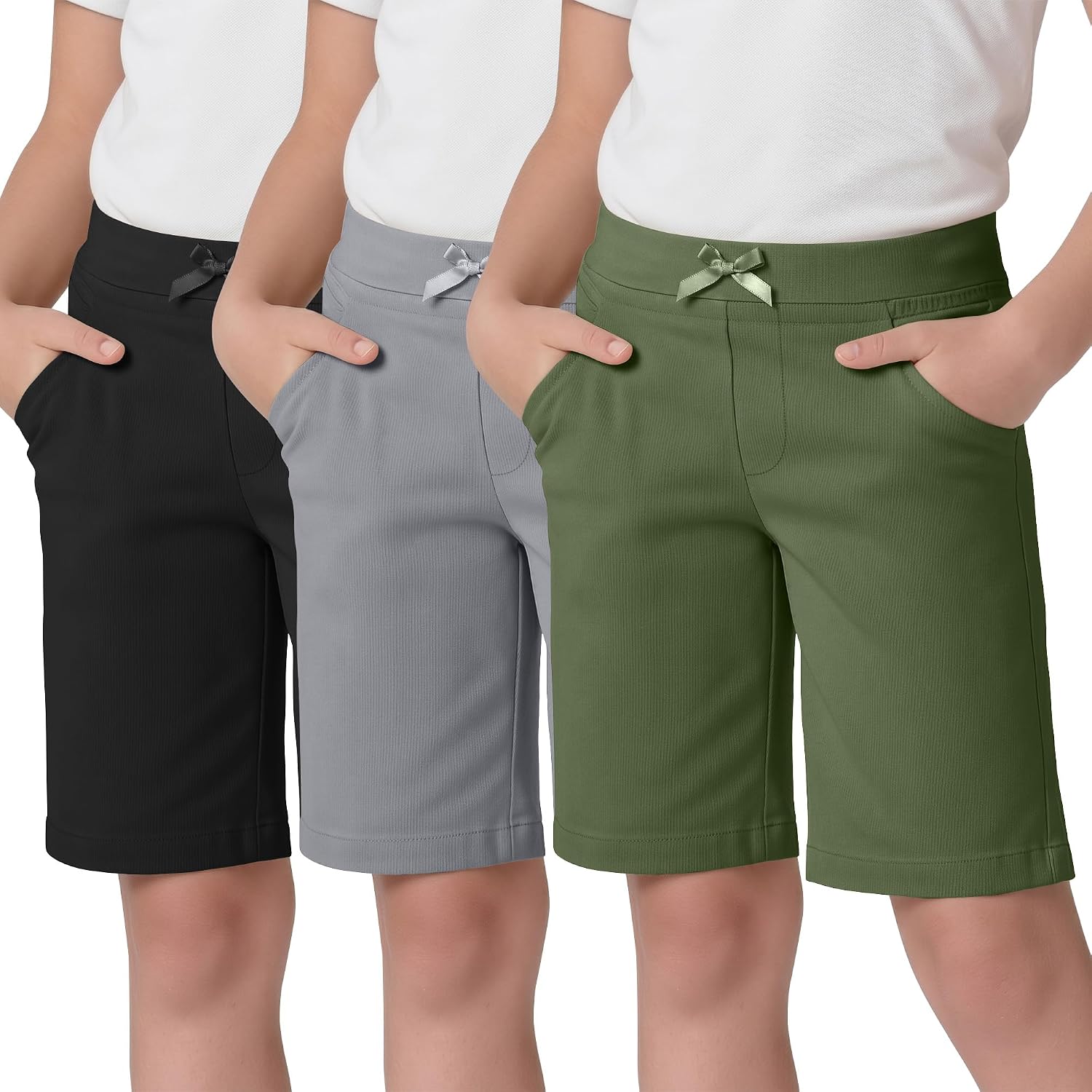 3 Pack Girls' School Uniform Bermuda Shorts Pull-On Elastic Waist Shorts with Pockets Knee Length Pants 5-14 Years