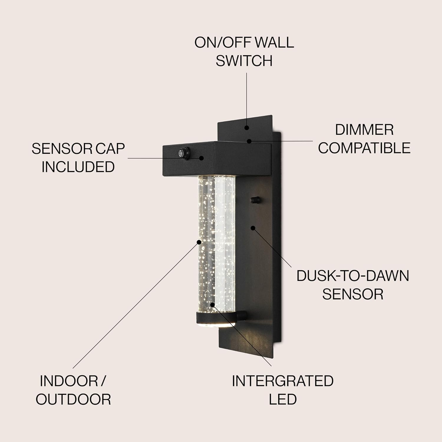 JONATHAN Y 5.5" Black 1-Light Iron Outdoor Sconce, Minimalist Industrial Wall Lantern with Dusk-to-Dawn Sensor, Clear Seeded Crystal Shade, Integrated LED, ETL Listed JYL2405A