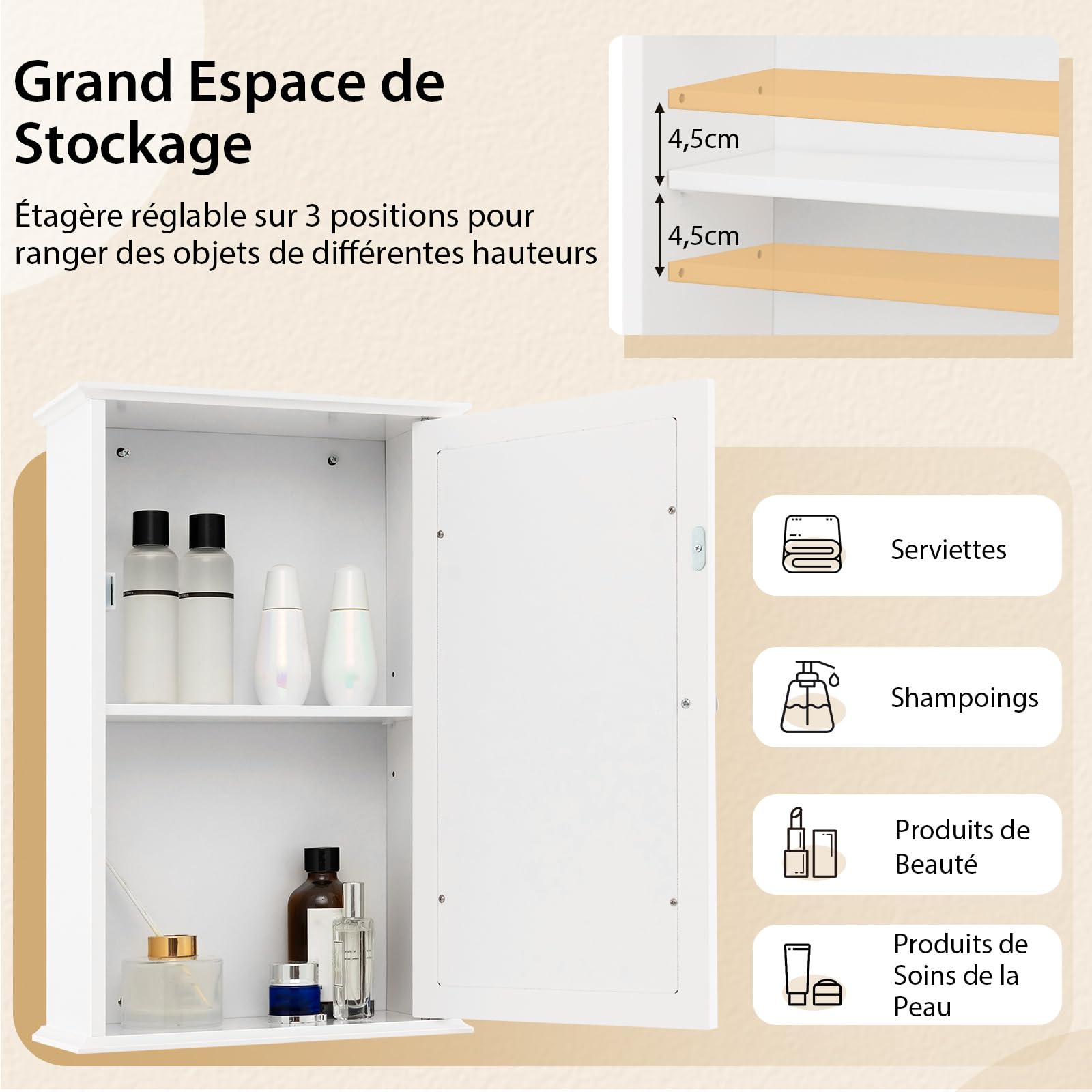 COSTWAY Armoire Murale de Salle de Bain, Meuble Salle de Bain avec Porte-Miroir, Meuble Suspendue à 2 Niveaux, Armoire à Pharmacie, Étagère Réglable, 15 x 34 x 53 cm (Blanc)