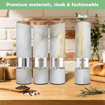 Electric Salt and Pepper Grinder, Battery-Operated Adjustable Coarseness White LED Light, White Gold Marble Texture
