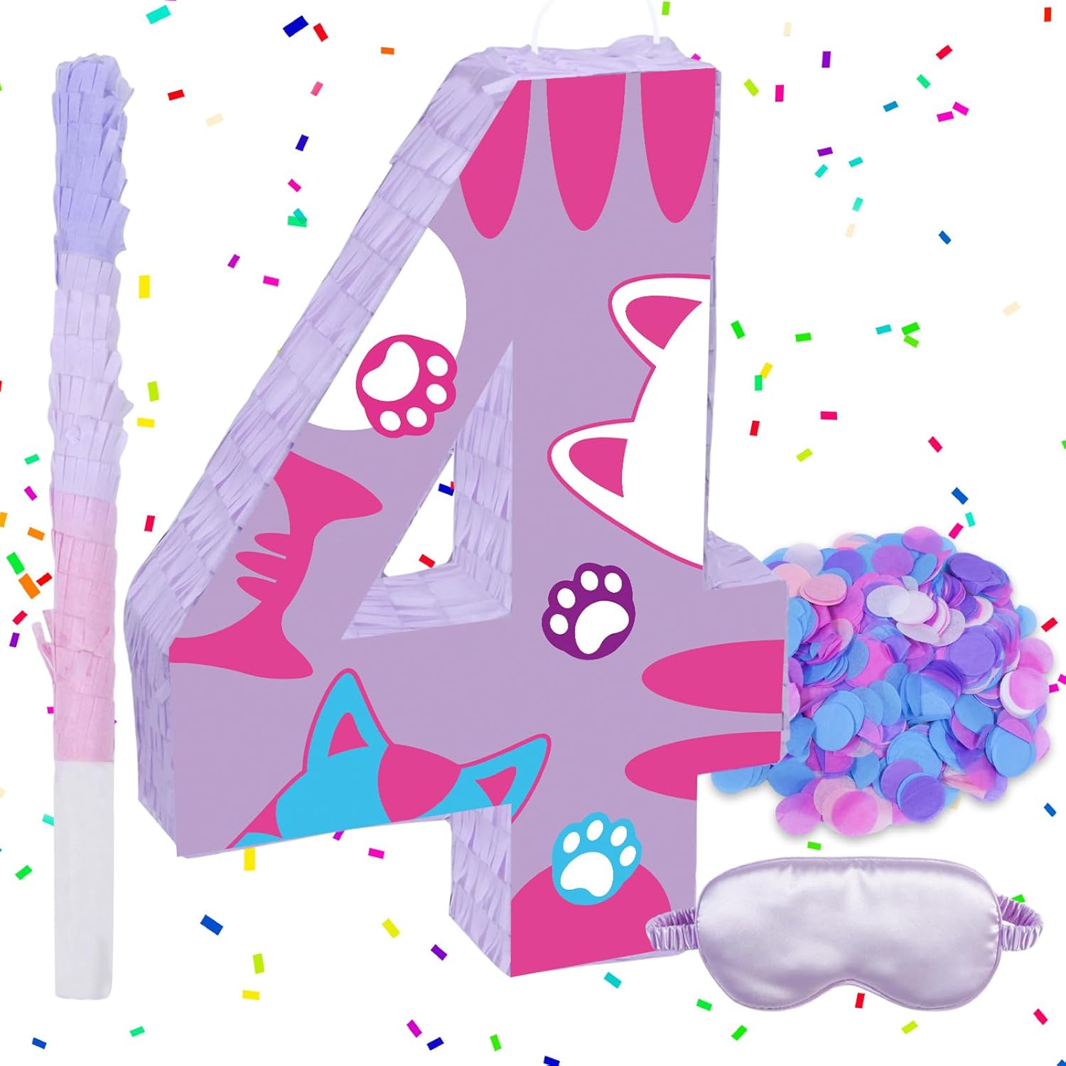 Cat Number 4 Piñata, 15.75" x 11" x 2.76" Kitten Piñata Birthday Party Decorations Includes Wooden Stick, Blindfold and Confetti for Cat Theme 4th Birthday Party Supplies