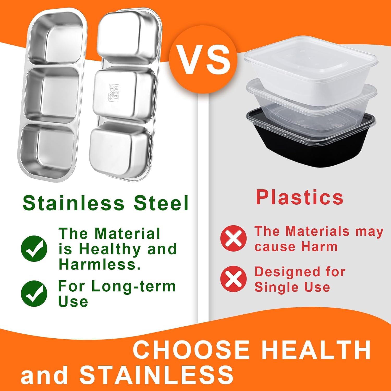 4 Pack Stainless Steel Snack Containers 3 Compartment Food Container Leak Proof Metal Lunch Box containers with Lids for Home, Camping, Office,Work