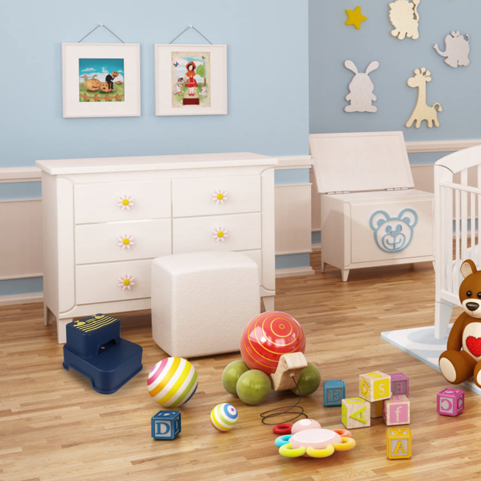 Sgabello Rialzato per Bambini a 2 Livelli in Plastica Blu | Pp Tpe, Bordi Lisci Anti-scivolo e Resistenti All’usura, per Piano Lavabo e Addestramento Vasino