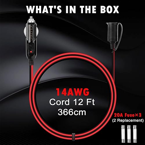 Miniatura 6 de CUZEC Cable de extensión resistente de 12V/24V 12ft / 3.66m 14 AWG con enchufe para encendedor de cigarrillos