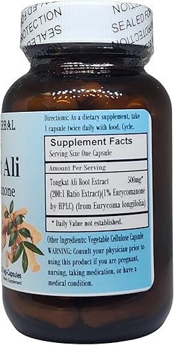 Vista 2 de Tongkat Ali 200:1 Extracto en polvo 500 mg - 1% Eurycomanone - 60 cápsulas vegetales, apoya la salud general y la resistencia - Sin estearatos, sin