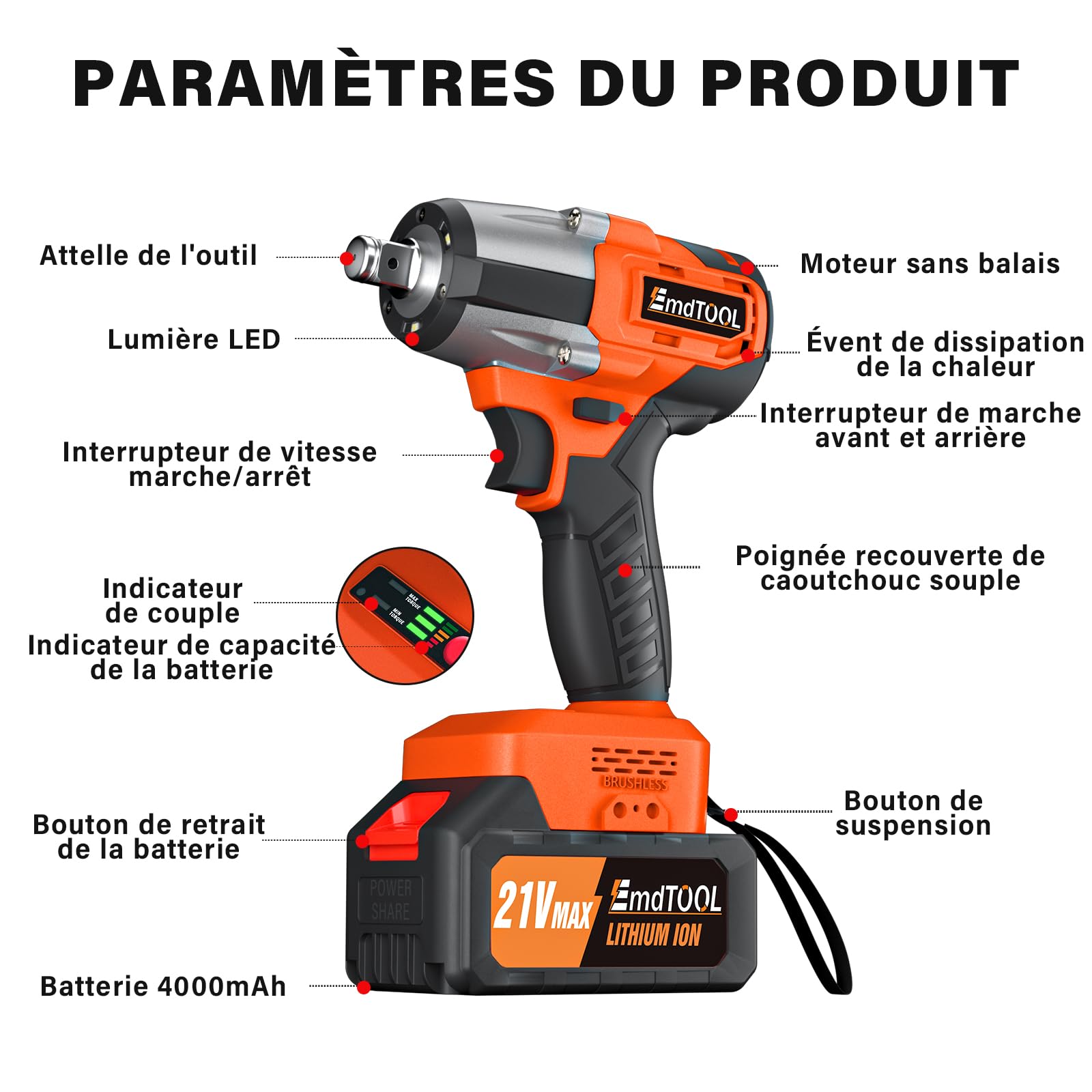 Moteur sans balais amélioré visseuses à choc électriques 1/2”Couple maximum 550n.m,lumière led intégrée,clef a choc batterie de 4,0 Ah, 2 modes de vitesse, pour boulonner et déboulonner