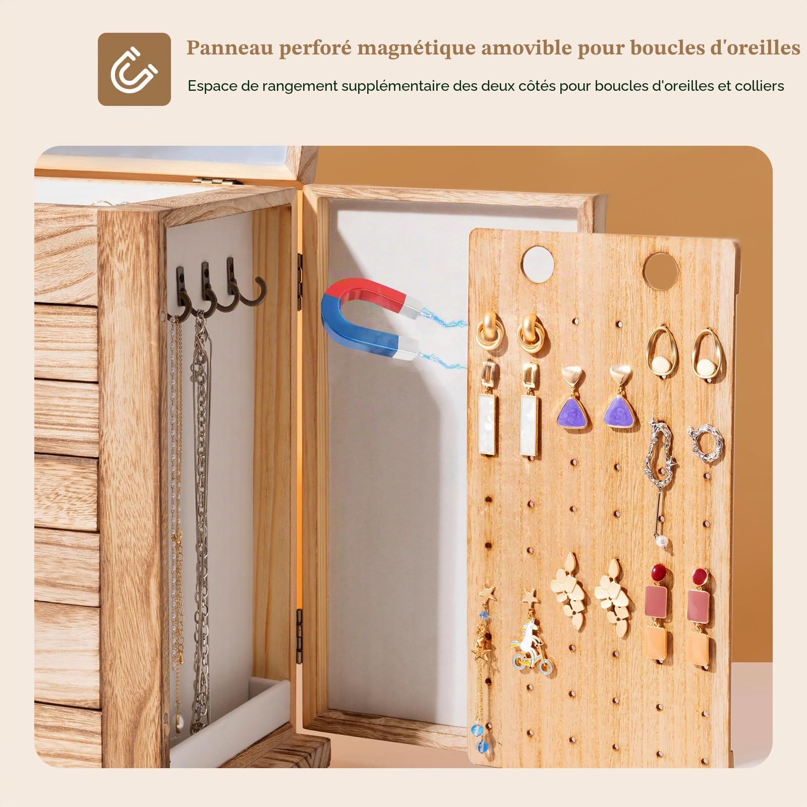 ProCase Grande Boîte à Bijoux en Bois 7 Compartiments, Rangement Bijoux avec Miroir, Coffret Bijoux pour Boucle d’Oreille Collier Bague -Naturel