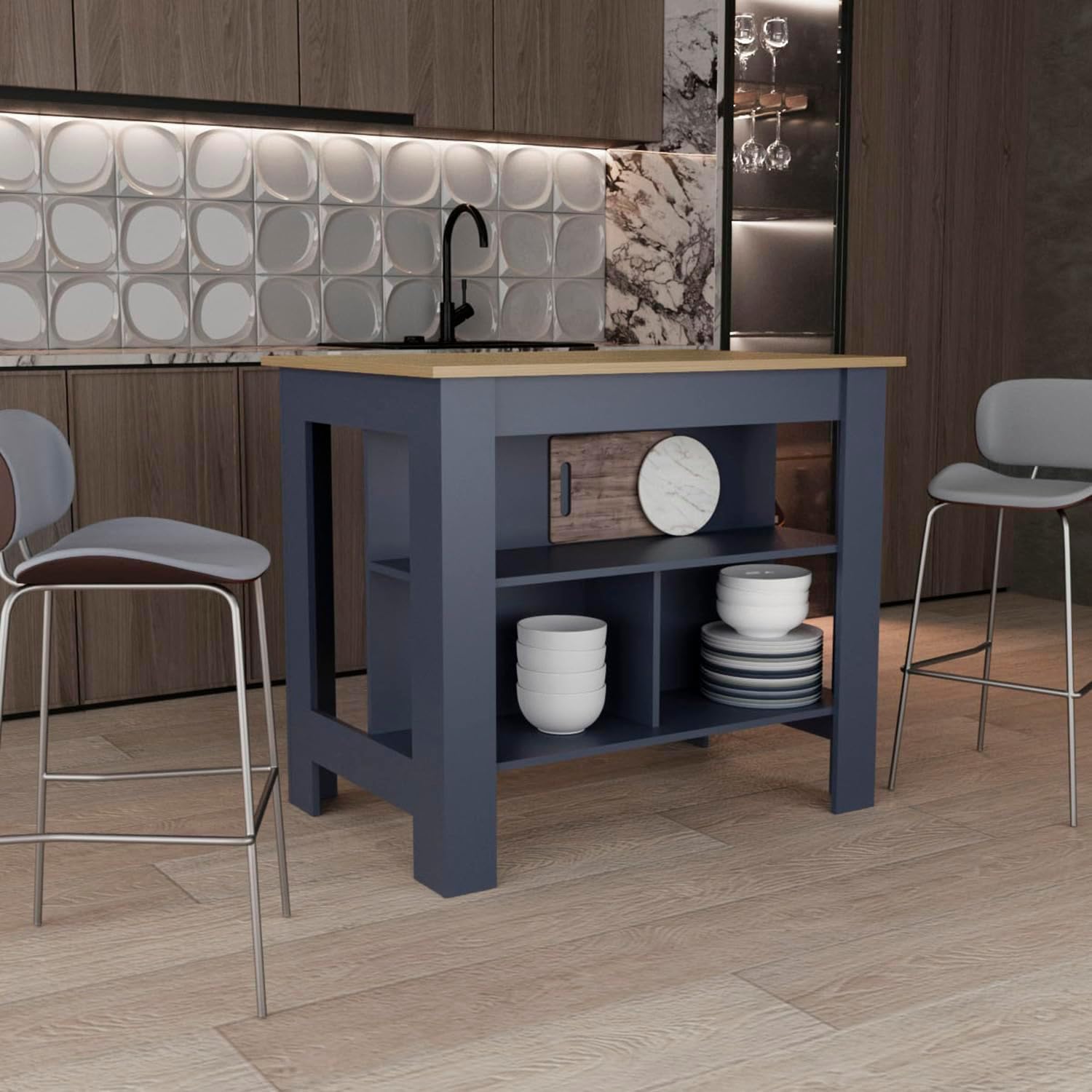 Geelife Kitchen Island 35.3" H, 3 Shelves, Alby Blue/Oak - Kitchen