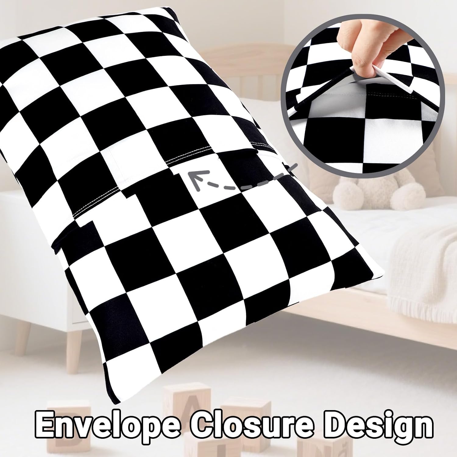 TANOFAR 2 Pack Toddler Pillowcase for 13x18 Pillow, Soft Stretchy Toddler Pillow Case with Envelope Closure, Bedding Small Pillow for Boys and Girls Aged 2-5 Years, Checkerboard Black
