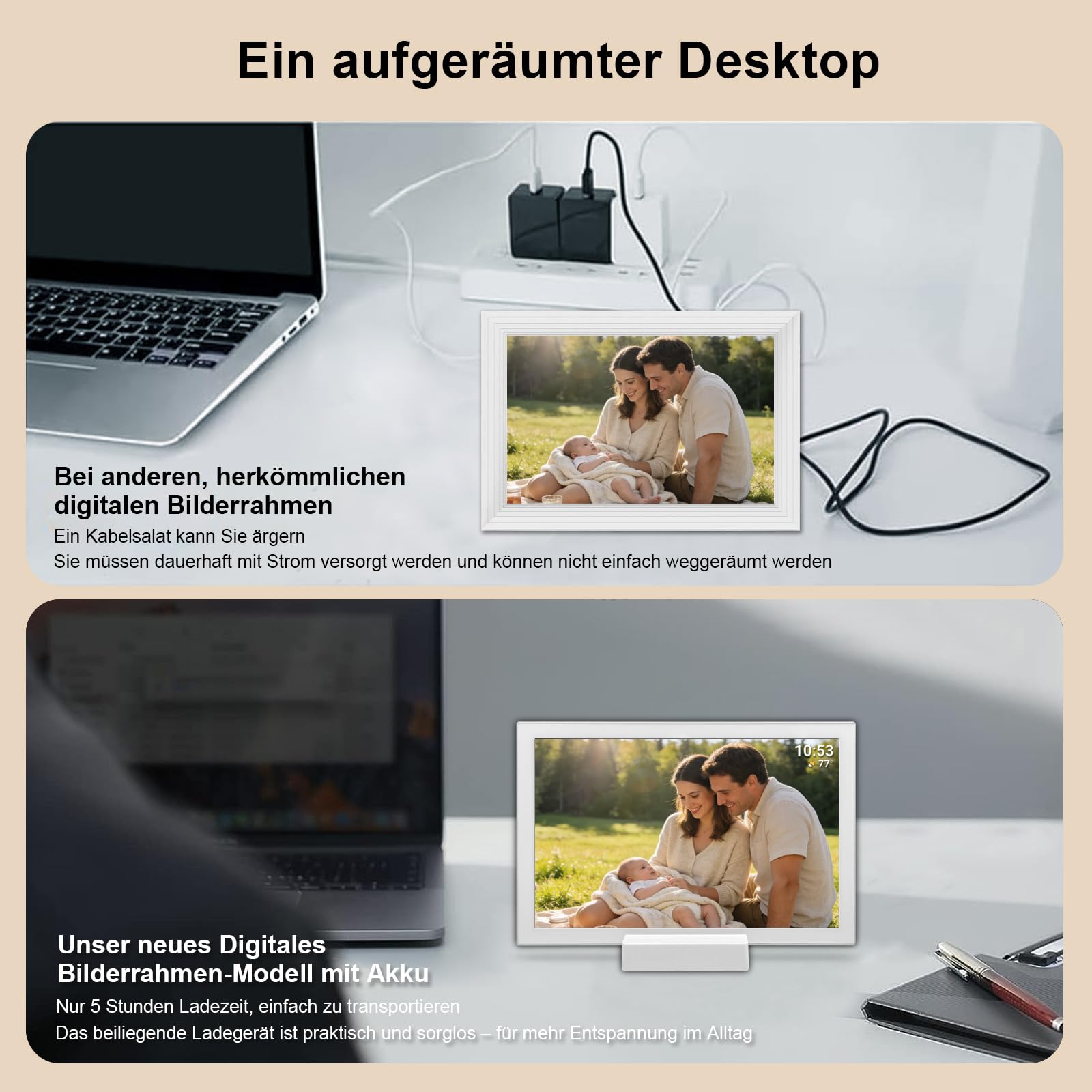 Frameo Digitaler Bilderrahmen 10,1 Zoll WLAN, 5000mAh Akku mit kabelloser Ladestation, 32GB Speicher, HD IPS Touchscreen, Auto-Rotation, Sofortiges Teilen von Fotos und Videos via Frameo App– Der idea