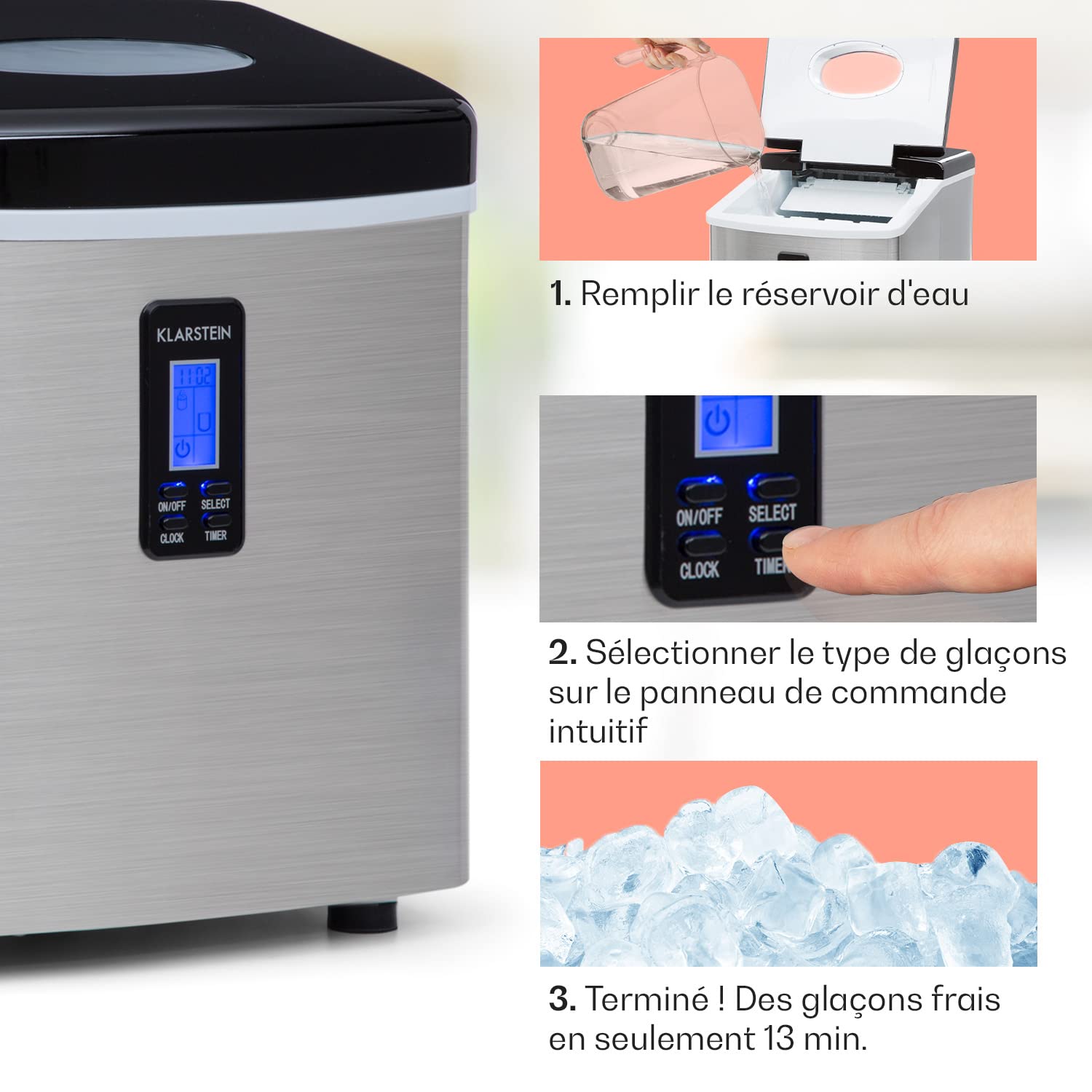 Klarstein Mr. Black-Frost - Machine à glaçons 3,3 L, 15 kg/24 h, Ice Maker 150W, 3 tailles, 6-15 mn, Machine à distributeur de glaçons avec Minuterie, Heure, Ecran LCD, Discret, Inox, Noir