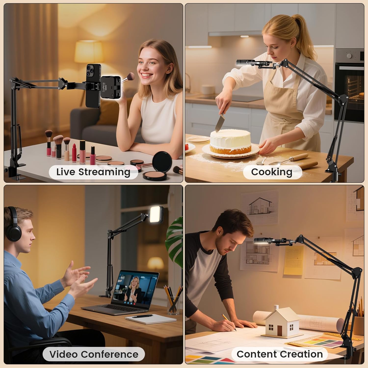 Overhead Phone Mount with LED Selfie Light and Bluetooth Remote, Rechargeable Camera Light Tripod Stand with Flexible Boom Arm, Desk Phone Holder for Video Recording, Live Streaming, TikTok, Vlogging