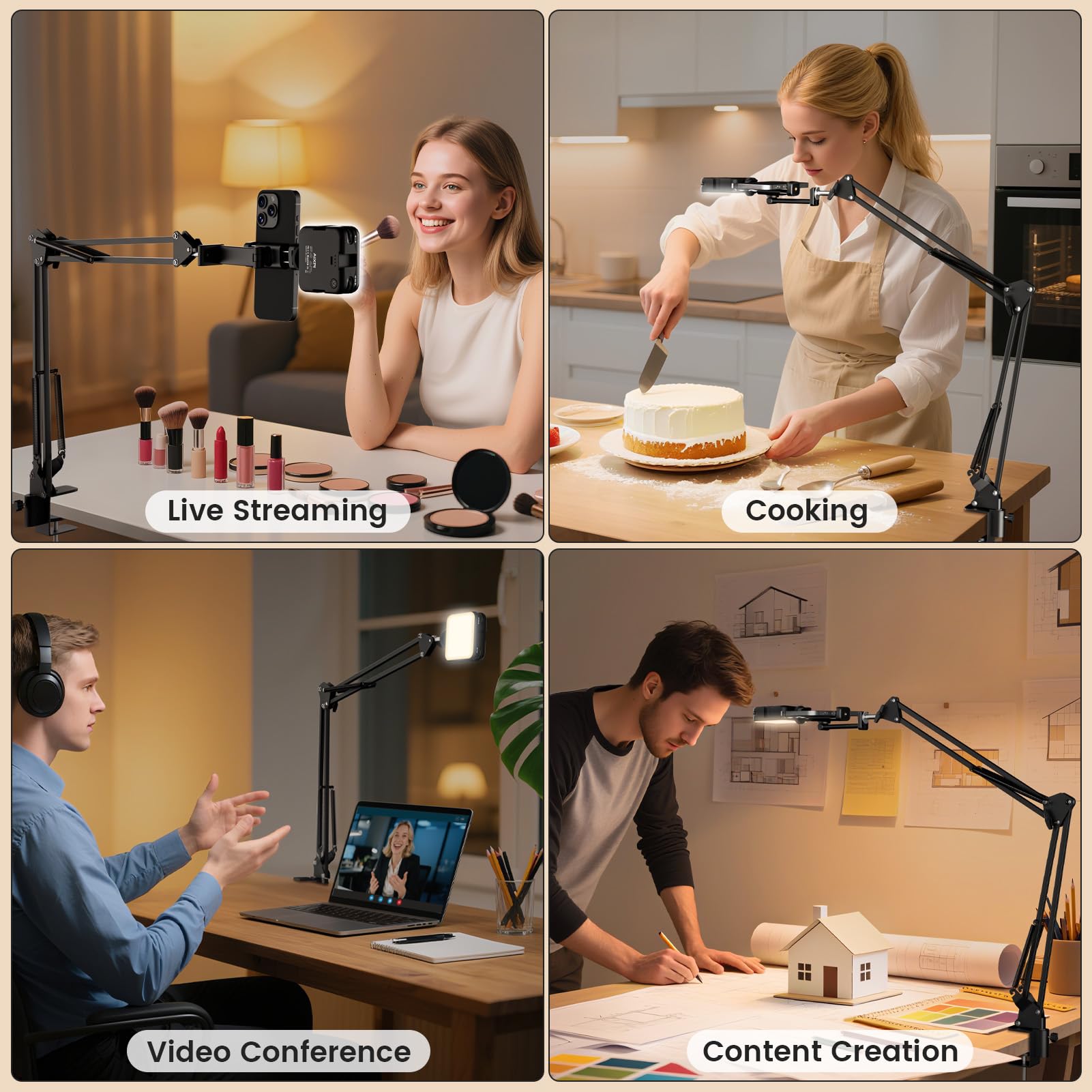 Overhead Stativ Handy mit Licht,Winkel einstellbar Handy Stativ mit Licht 3 Lichtfarben Einstellbare Helligkeit Ringlicht Flexiblem Arm Halterung für Tiktok, YouTube, Live-Streaming, Videoaufnahmem