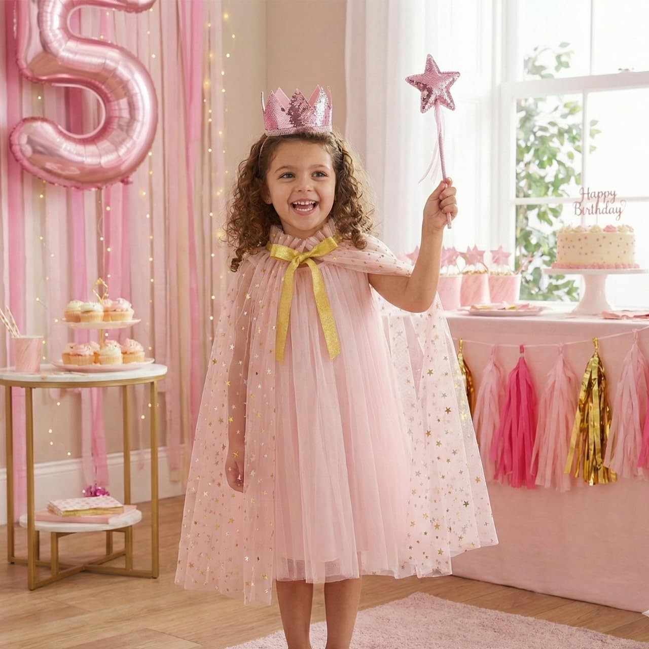 3PCS Princess Tulle Cape Costume Fairy Set with Glitter Tiara Crown Headband and Star Magic Wand