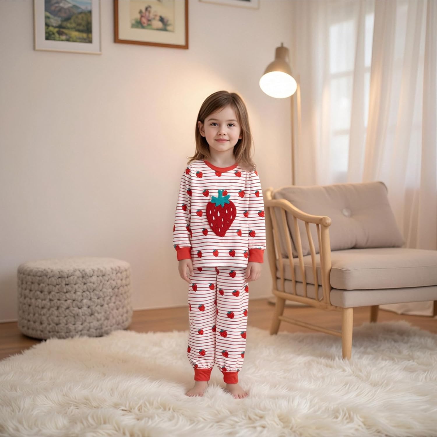 Lefyira Baby Girl Strawberry Outfit Striped Long Sleeve Top Pants Set Toddler Guitar Outfit Infant Fall Winter Clothes - Image 4