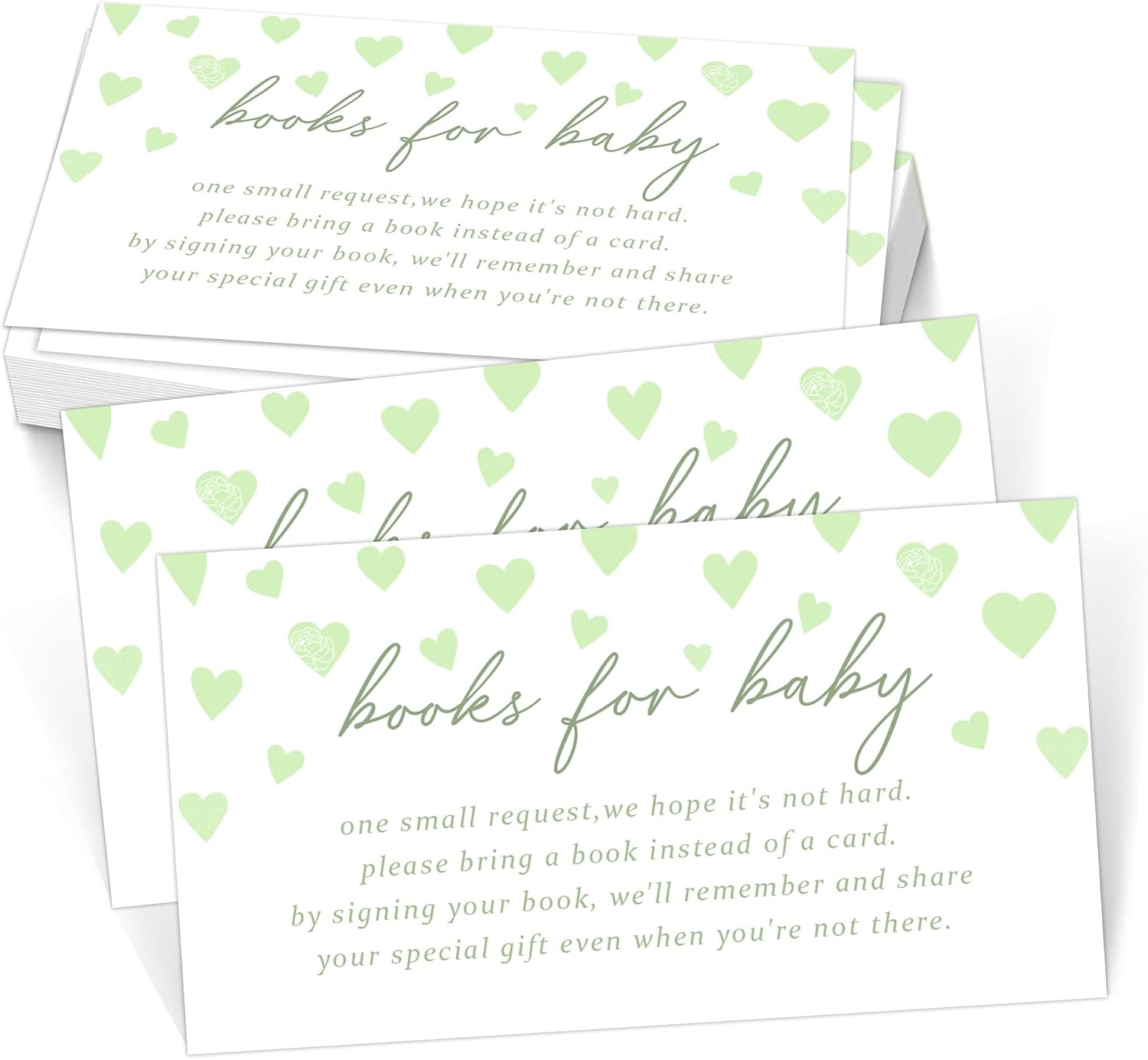 Little Sweetheart Book for Baby Cards Set of 50, Green Heart Baby Shower Library Request Cards, Bring a Book Instead of a Card, 3.5 x 2 Inches