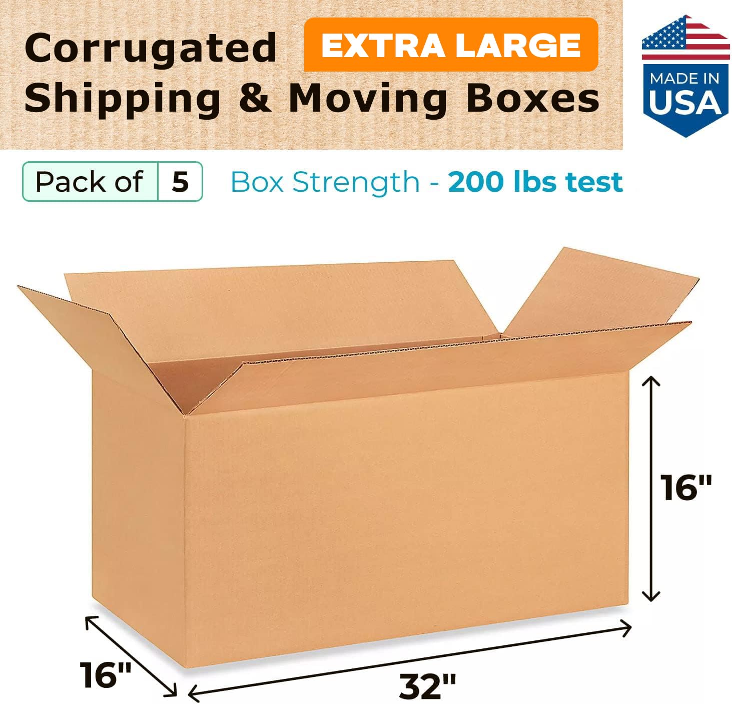 Extra Large Shipping & Moving Boxes 32 x 16 x 16 inches (5-Pack) - Extra Strength 200 lb vs Regular - USA-Made Corrugated Heavy Duty Moving Boxes - Durable Large Cardboard Moving Box by IDL Packaging