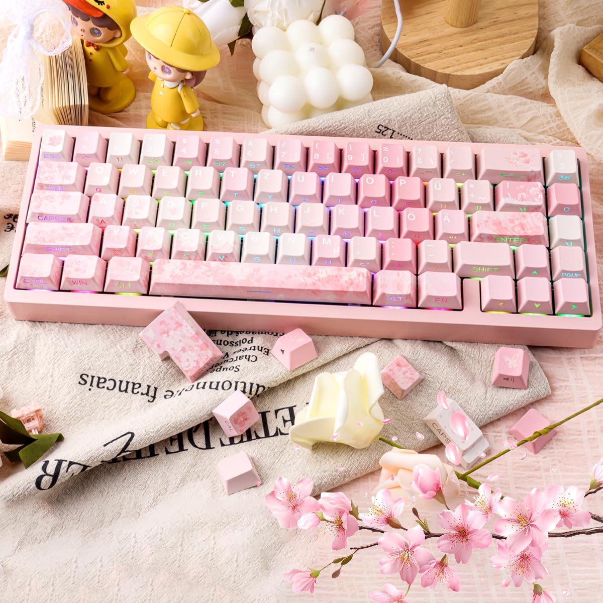 Keycaps Lot de 133 touches en PBT allemands Double Shot Rose Cherry Blossom Dye-Sub Cherry Profile Side Printed Shine Through Keycaps for Cherry MX Switch ISO QWERTZ Layout Clavier mécanique
