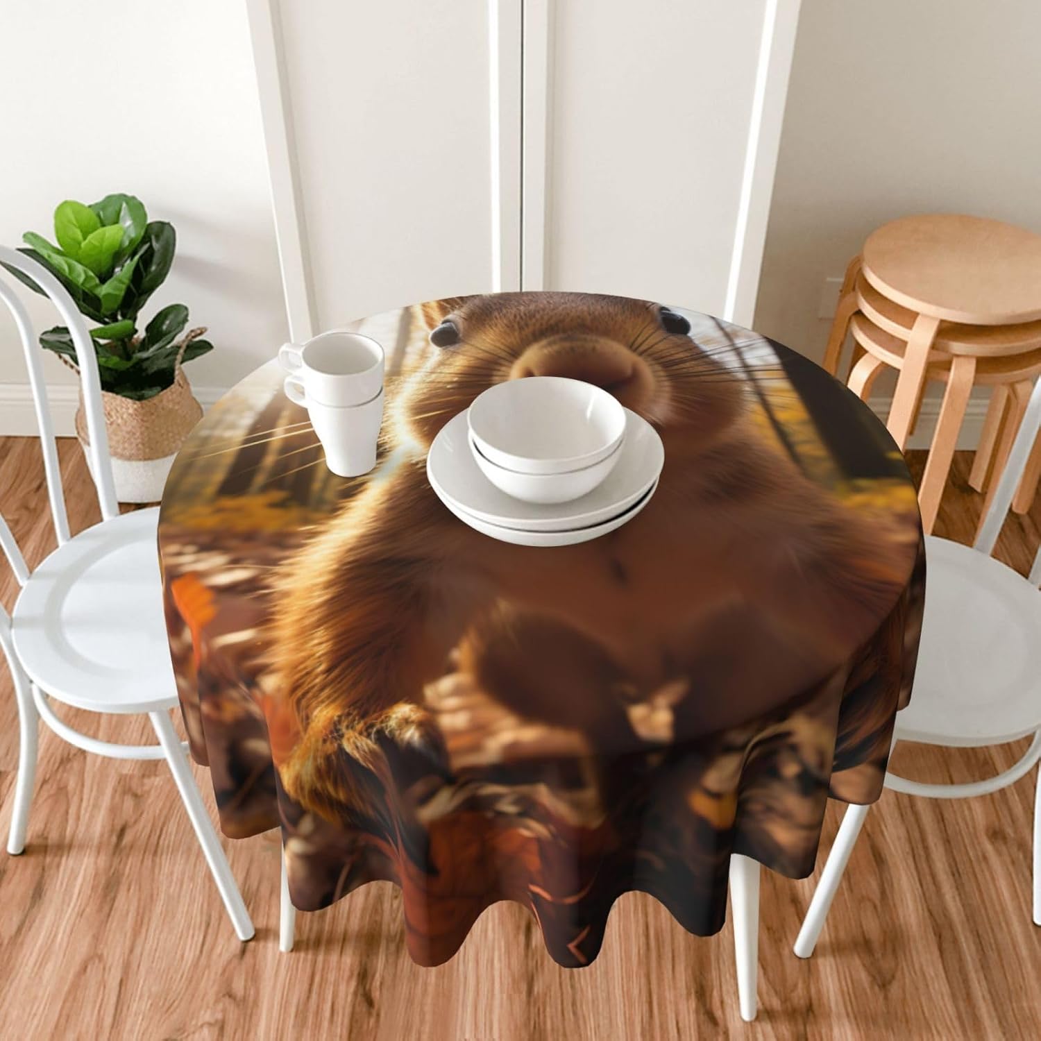 Squirrel Print Wrinkle Free Dining Table Cover for Birthday Party Farmhouse Tablecloths Up to 60 x 60 Inches