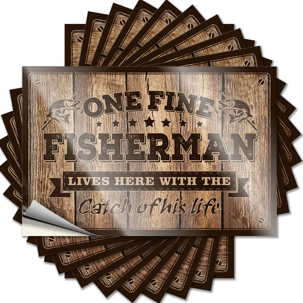 Car Stickers Funny One Fine Fisherman Lives Here with The Catch of His Life Funny Sticker 10 Pcs Decor for Man Cave Stickers for Cars(12X18CM)