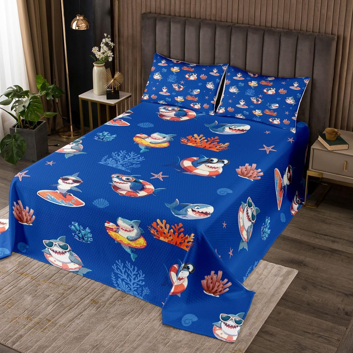 jejeloiu Cute Axolotl Bedspread 3 Pieces Queen Size Cartoon Salamander Coverlet Set Soft Cozy Kawaii Ocean Sealife Lightweight Quilted Coverlet for All Season with 2 Pillowcases Blue