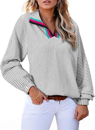 Astylish Womens V Neck Striped Shirt Trendy Long Sleeve Dressy Blouse Collared Henley Work Tops