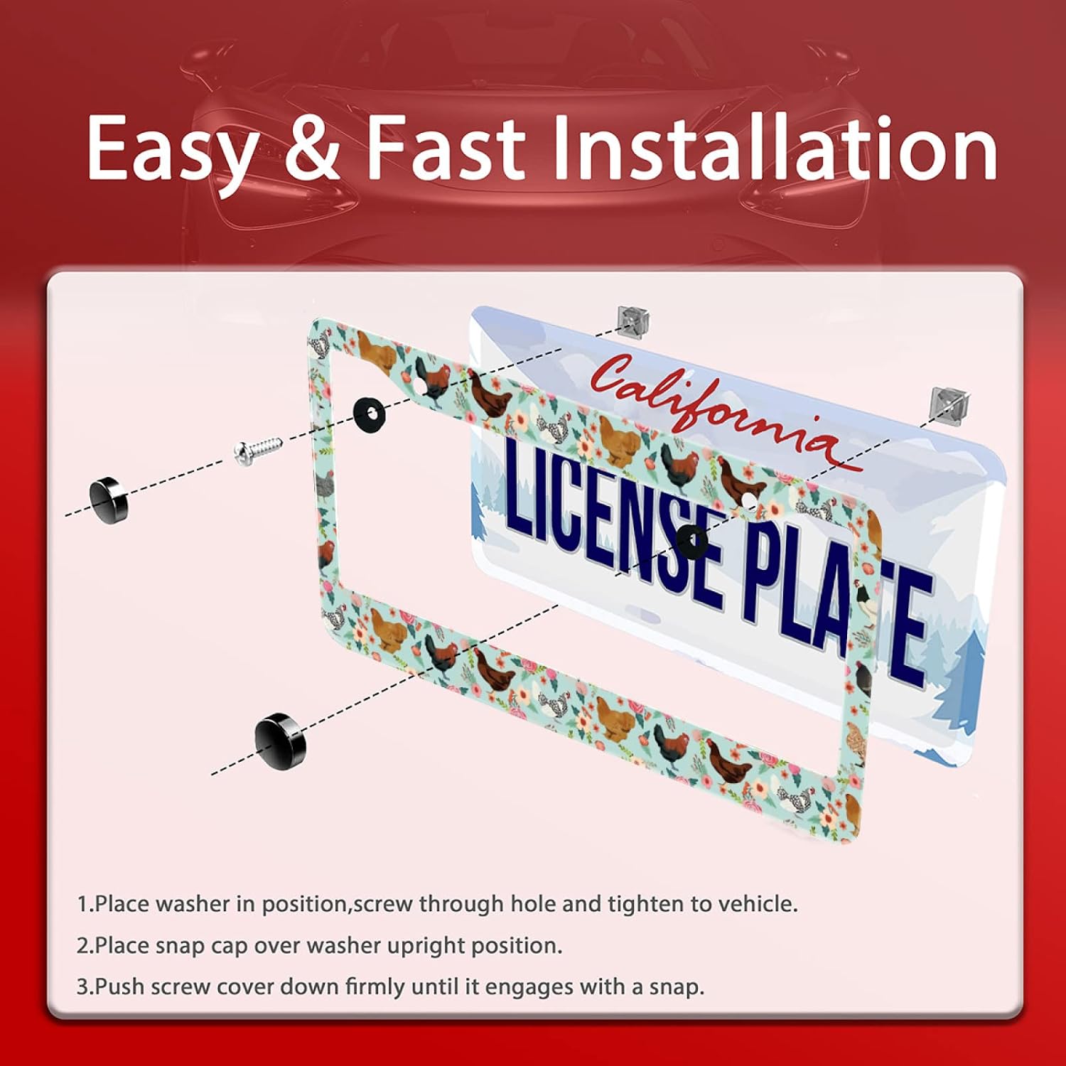 Chicken Flower License Plate Frame Funny Animal Stainless Steel License Plate Frames for Car Decorative Parts for Standard Us Canada License Plate Holder Unisex 12x6 Inch image 3