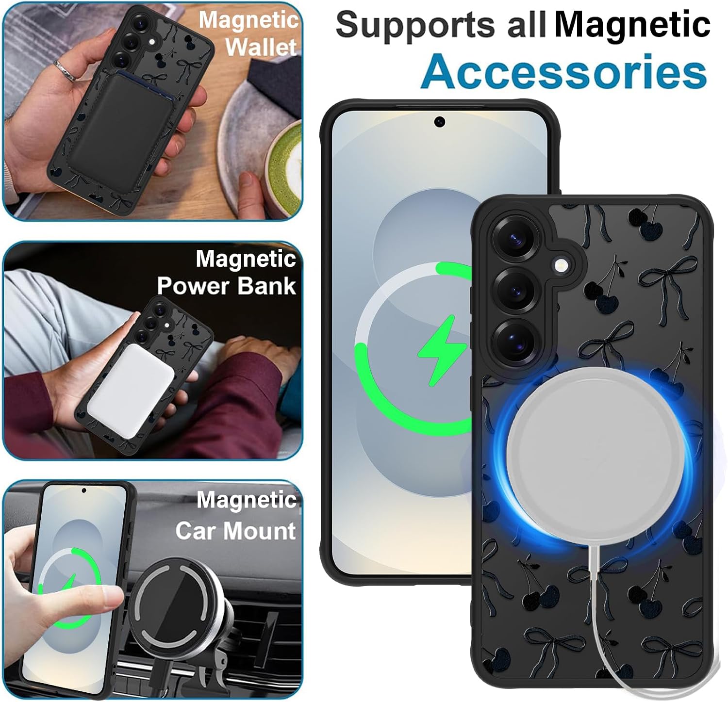 MZELQ Magnetic Case for Samsung Galaxy S25, Clear Bow Cherry [Compatible with Magsafe Charging] Translucent Matte Hard Shockproof Camera Protection Cover for Women Men, Frosted Black