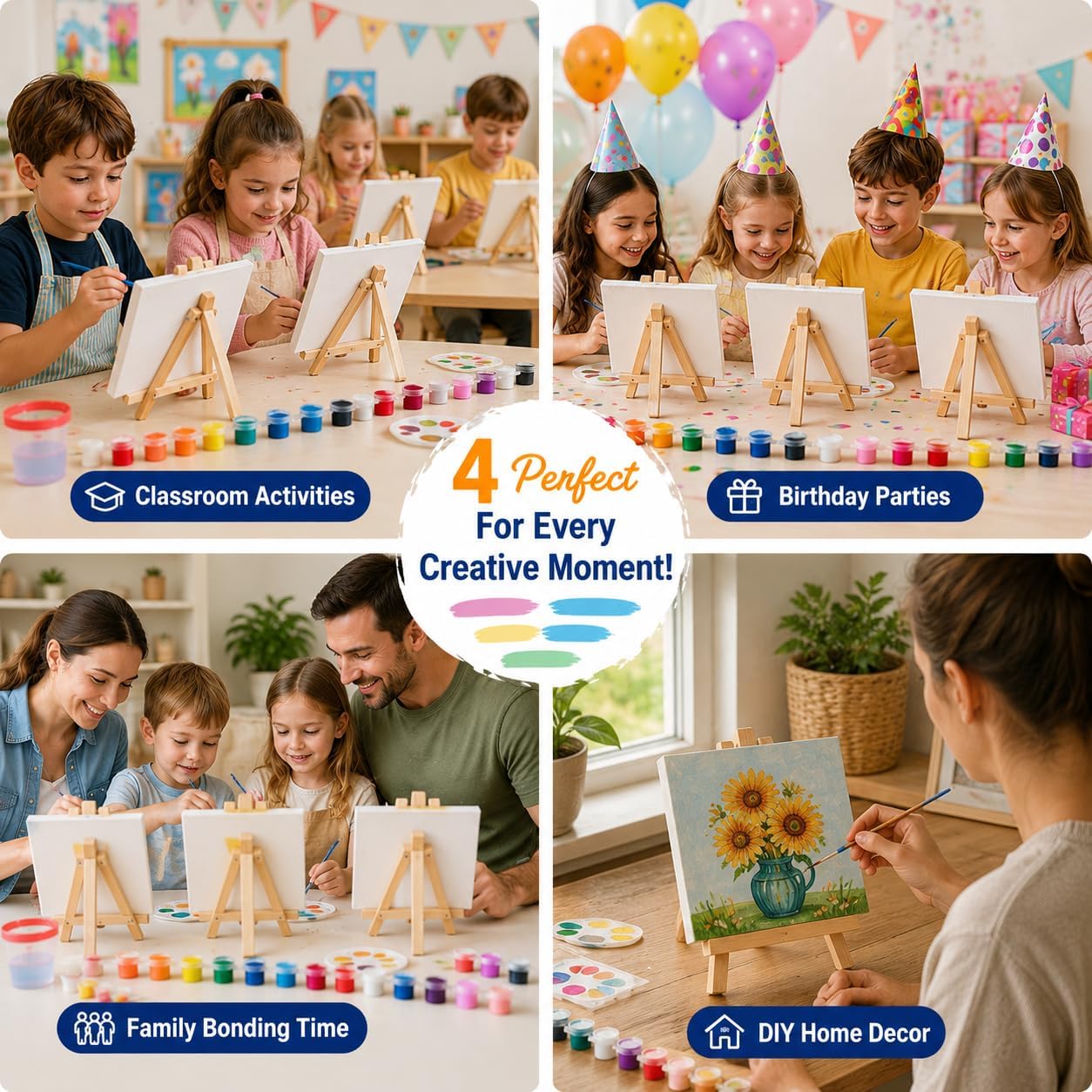 10 Set Mini Acrylic Paint Kit, Mini Canvas with Wooden Easels Acrylic Paints Strips, Minis Easel with Canvases for Kids Adults Classroom Birthday Painting Party (6 x 6Inch)