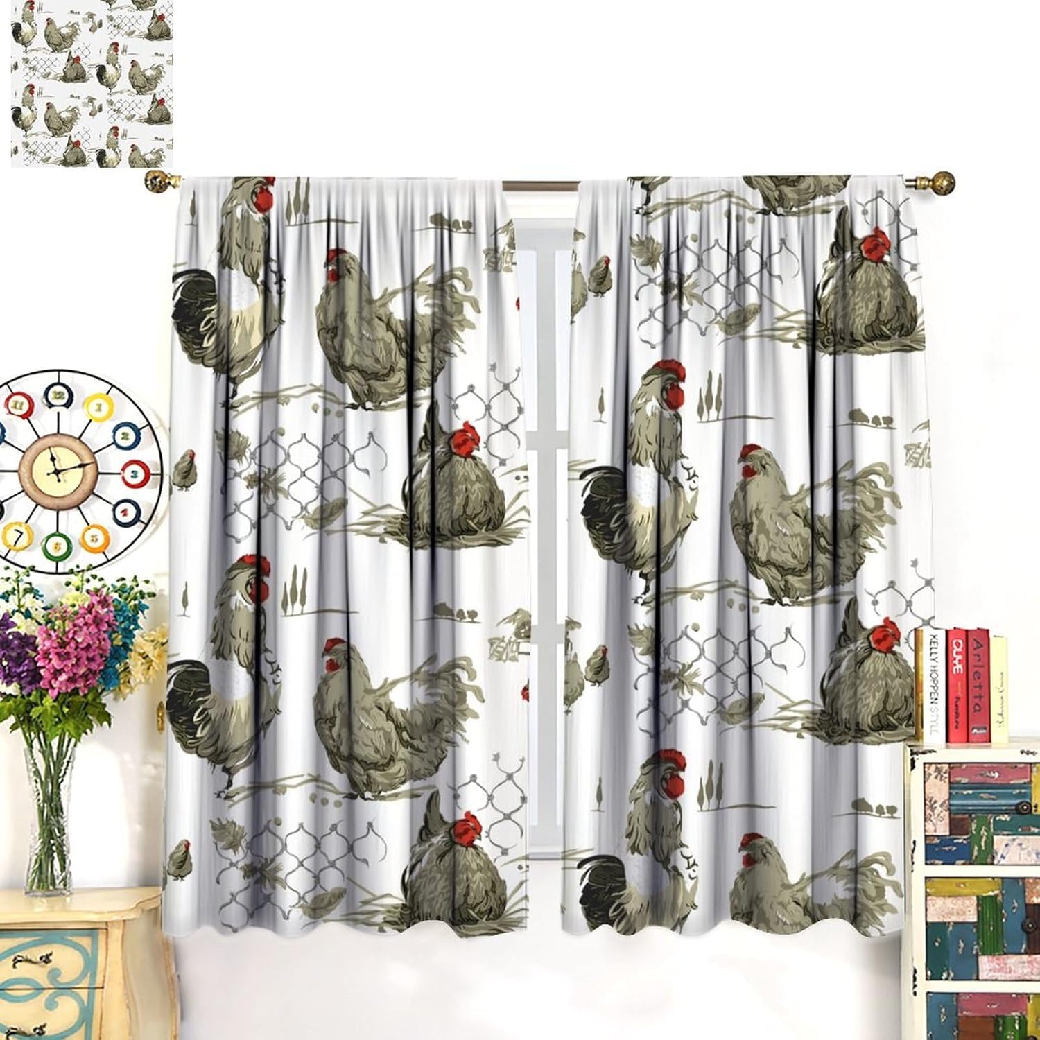 Modern Rustic Boho Chicken Curtains, Minimalist Pastel Farmhouse Rooster Seamless Pattern, Thermal Insulation Blackout Rod Pocket Window Treatments for Living Room Bedroom Kitchen Bathroom 42x45 Inch