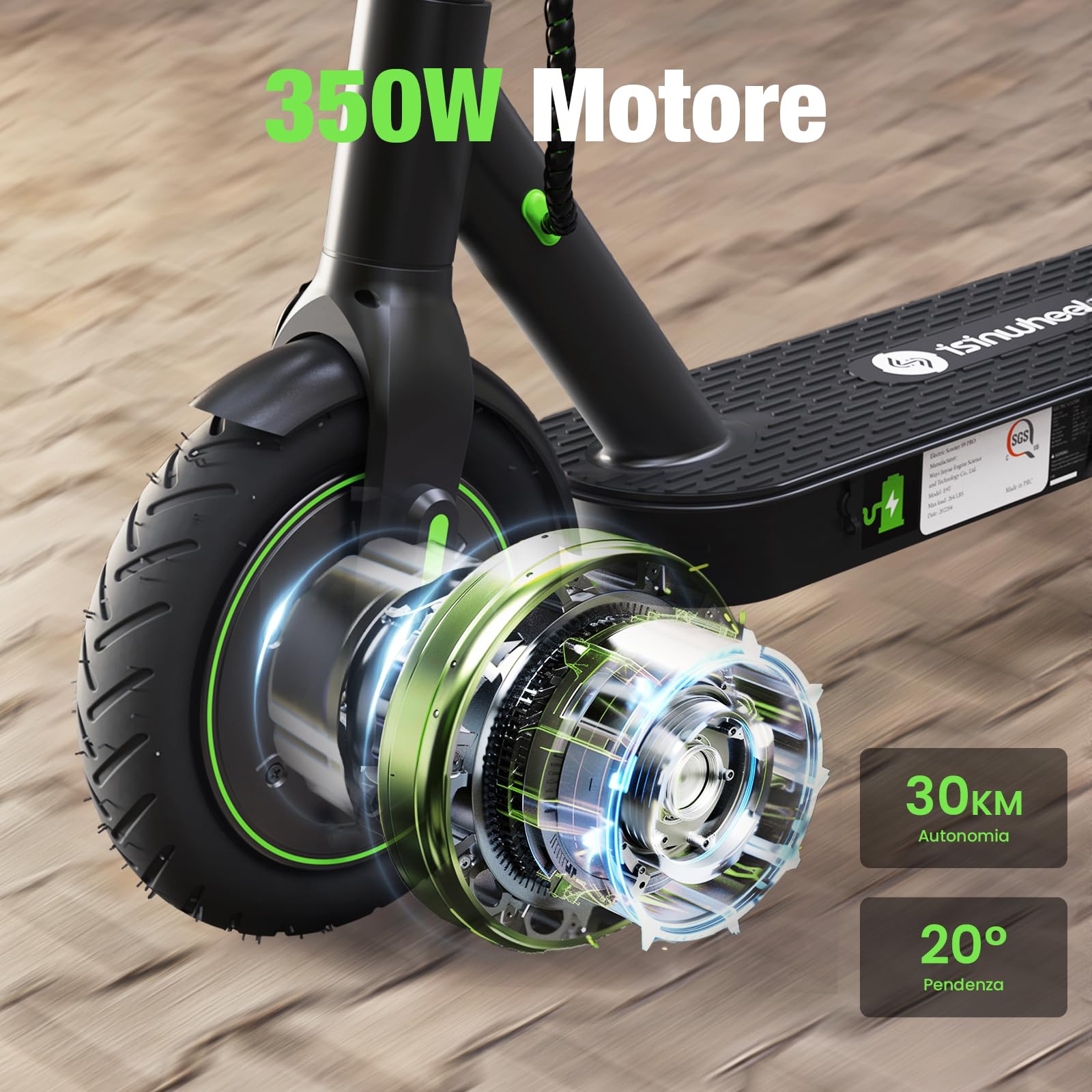 isinwheel S9Pro - Monopattino elettrico per adulti, autonomia 30 km, scooter elettrico 350 W, velocità 6/15/25 km/h, doppio freno, pneumatici da 8,5 pollici infrangibili, sospensione integrata