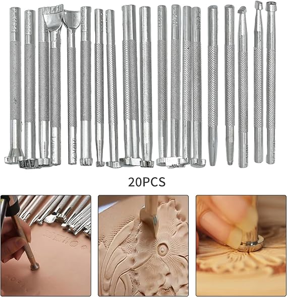 Zreneyfex 20 Pcs Leather Stamping Tools Special Shape Different Patterns for Carving Craft Leather Working Professional