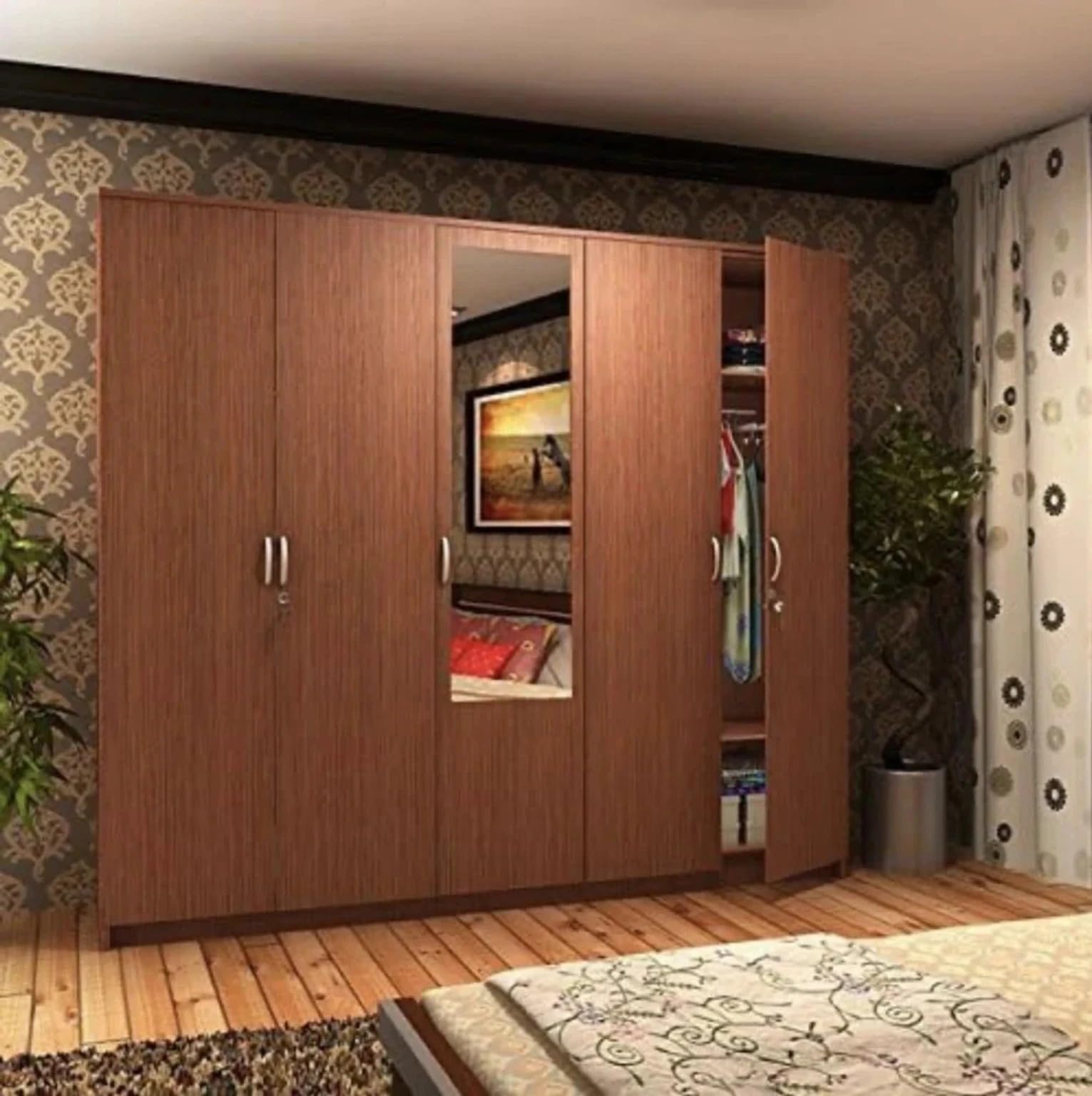 CASPIAN Engineered Wood Furniture 5 Door Wardrobe with Mirror for Livi