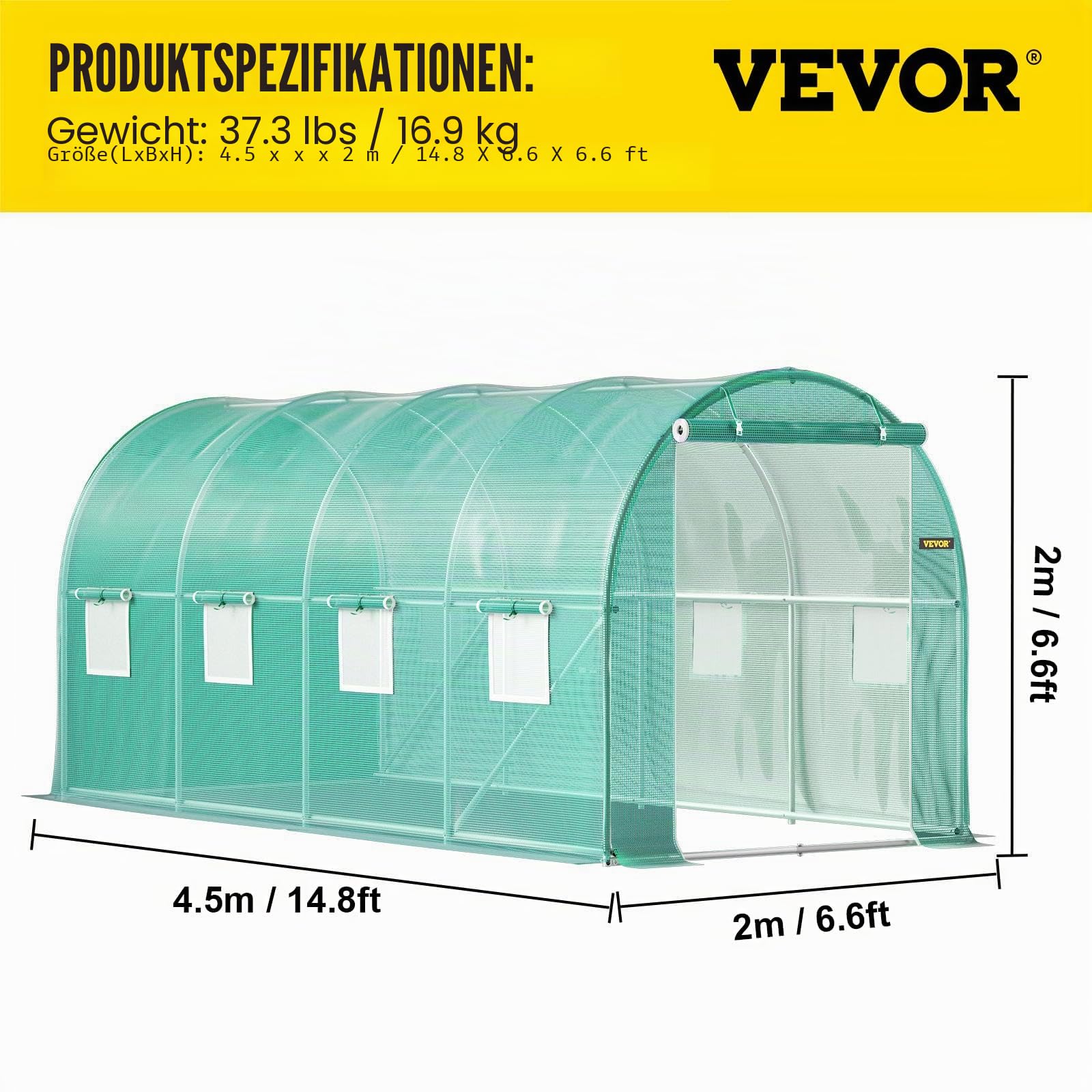 VEVOR Foliengewächshaus 4,6x2,1x2,1m Bogendach Gewächshaus Verzinkter Stahlrahmen PE Abdeckung Frühbeet Treibhaus Wasserdicht UV-Beständig Grün Mobiler Folientunnel Ideal für Anbau von Gemüse Blumen