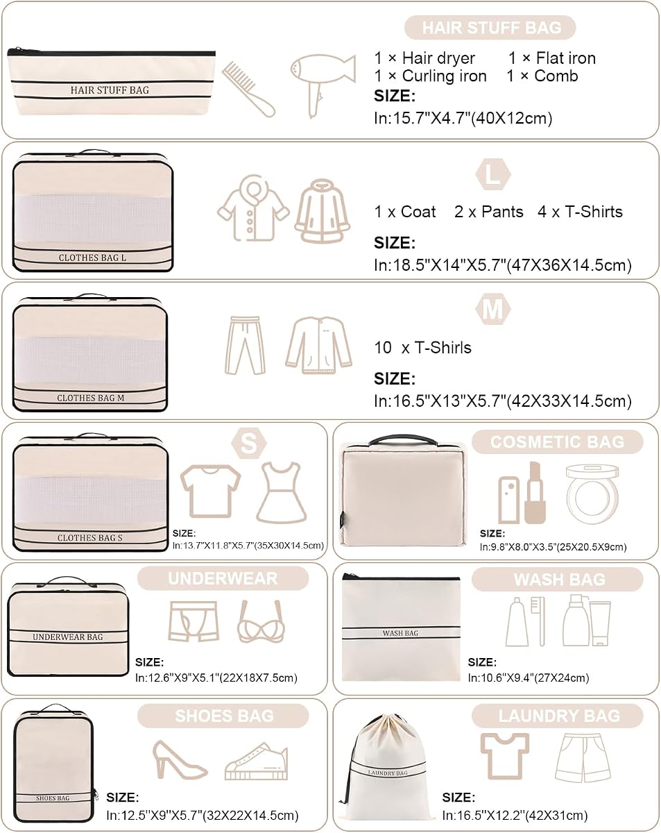 8 Set Packing Cubes Luggage Packing Organizers for Travel Accessories-Cream view 4