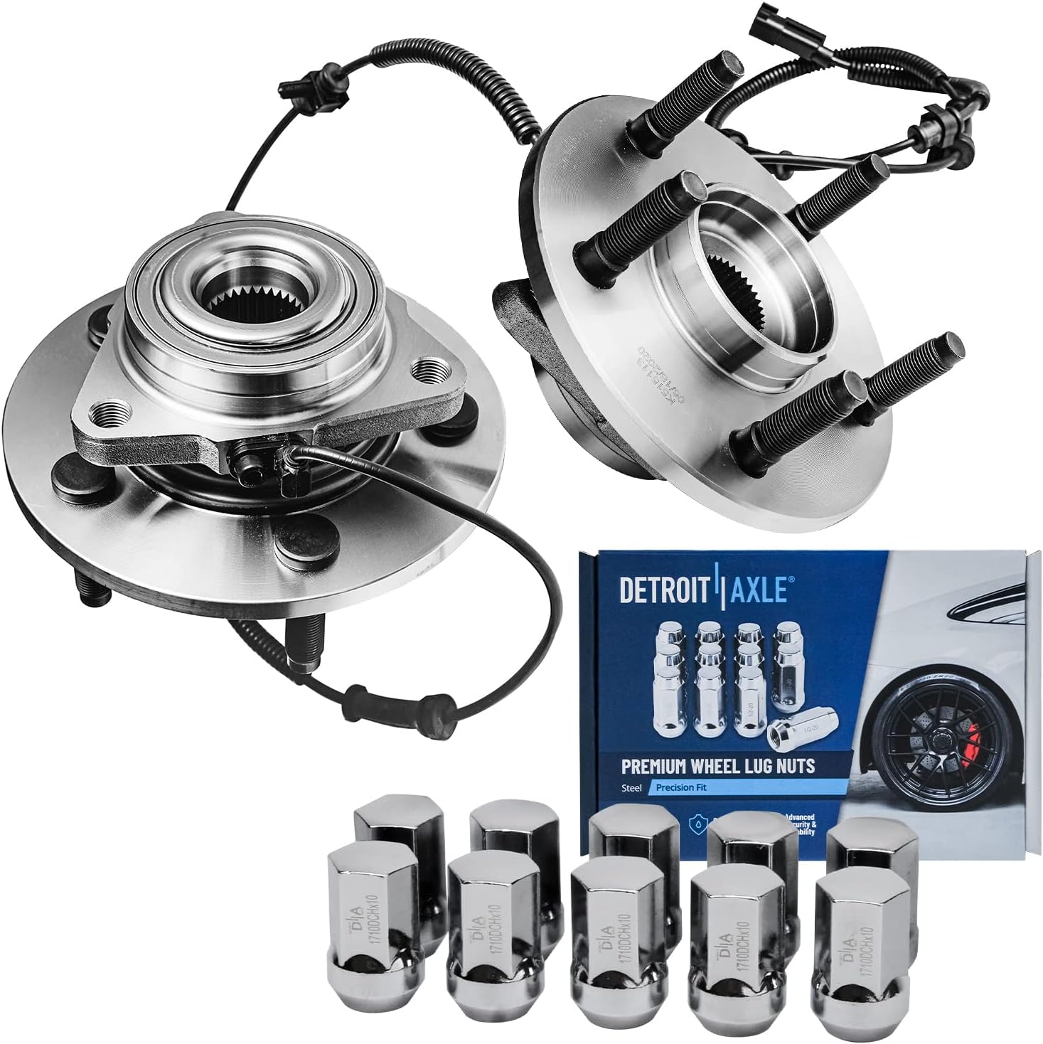 Detroit Axle - 5 Lug Front Wheel Hub Bearings + 10pc Wheel Lug Nuts | Replacement for 2006-2009 Dodge Ram 1500