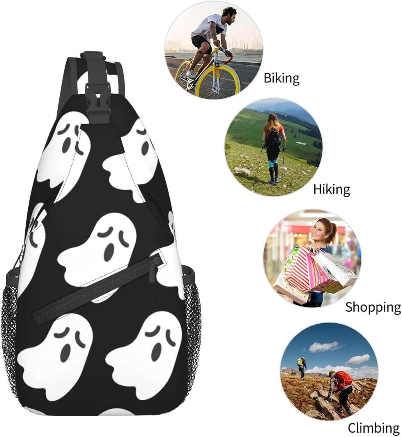 Durable Lightweight Cute White Ghost Halloween Pattern Print Cross chest bag diagonally for Travel Commute Daily Use