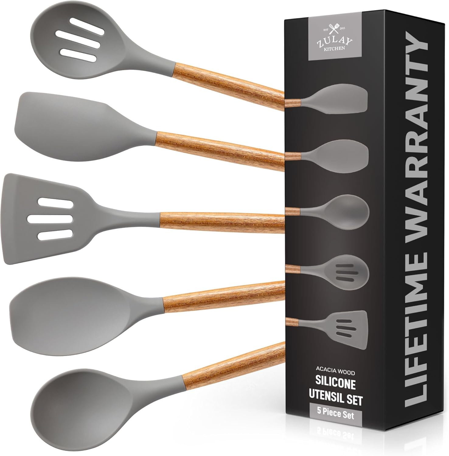 Zulay Kitchen Utensils Set Non-Stick Silicone Cooking Utensils Set with Authentic Acacia Wood Handles – 5 Piece Silicone Utensil Set – Kitchen Utensils Set with 464°F Heat Resistance – Gray
