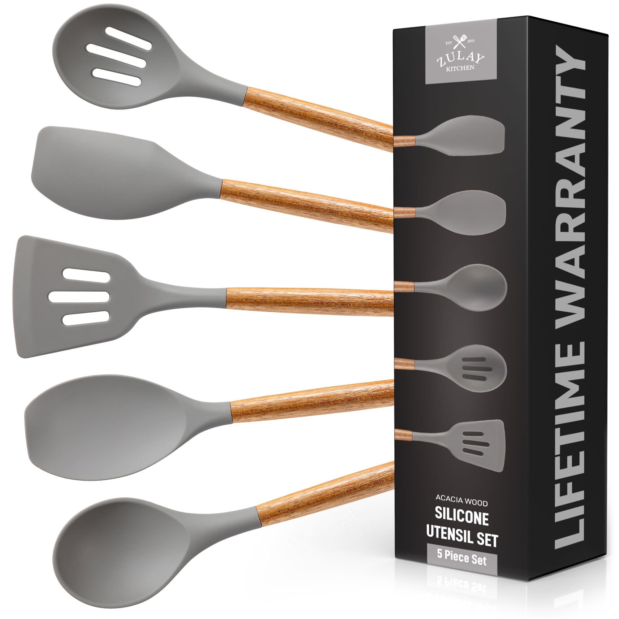 Zulay Kitchen Utensils Set Non-Stick Silicone Cooking Utensils Set with Authentic Acacia Wood Handles - 5 Piece Silicone Utensil Set - Kitchen Utensils Set with 464°F Heat Resistance - Gray
