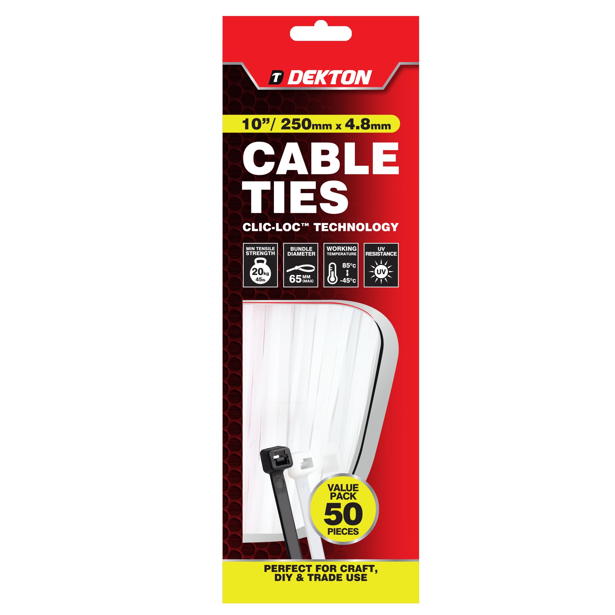 Dekton 40PC Cable Tie Set - 4.8MM X 300MM White | Heavy Duty Industrial Strength | High Temperature Resistant | Self-Locking Teeth | Ideal for Cables, Piping, Gardening & Wires | Indoor & Outdoor Use