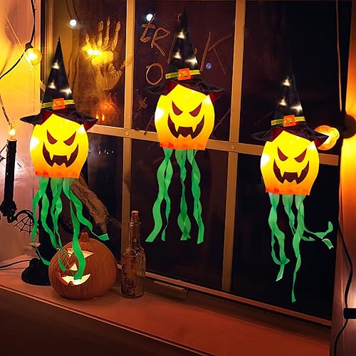 Miniatura 5 de Decoraciones de Halloween para exteriores, luces colgantes para decoración de Halloween, sombrero de bruja de calabaza brillante, decoración naranja