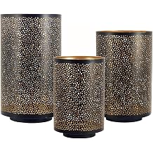 Decorative Metal Vases Set of 3 Modern Black & Gold Dot Pattern Cylindrical Design - Boutique Hotel Lobby Decor Iron Hurricane Holders for Mantle & Table Centerpiece Arrangements