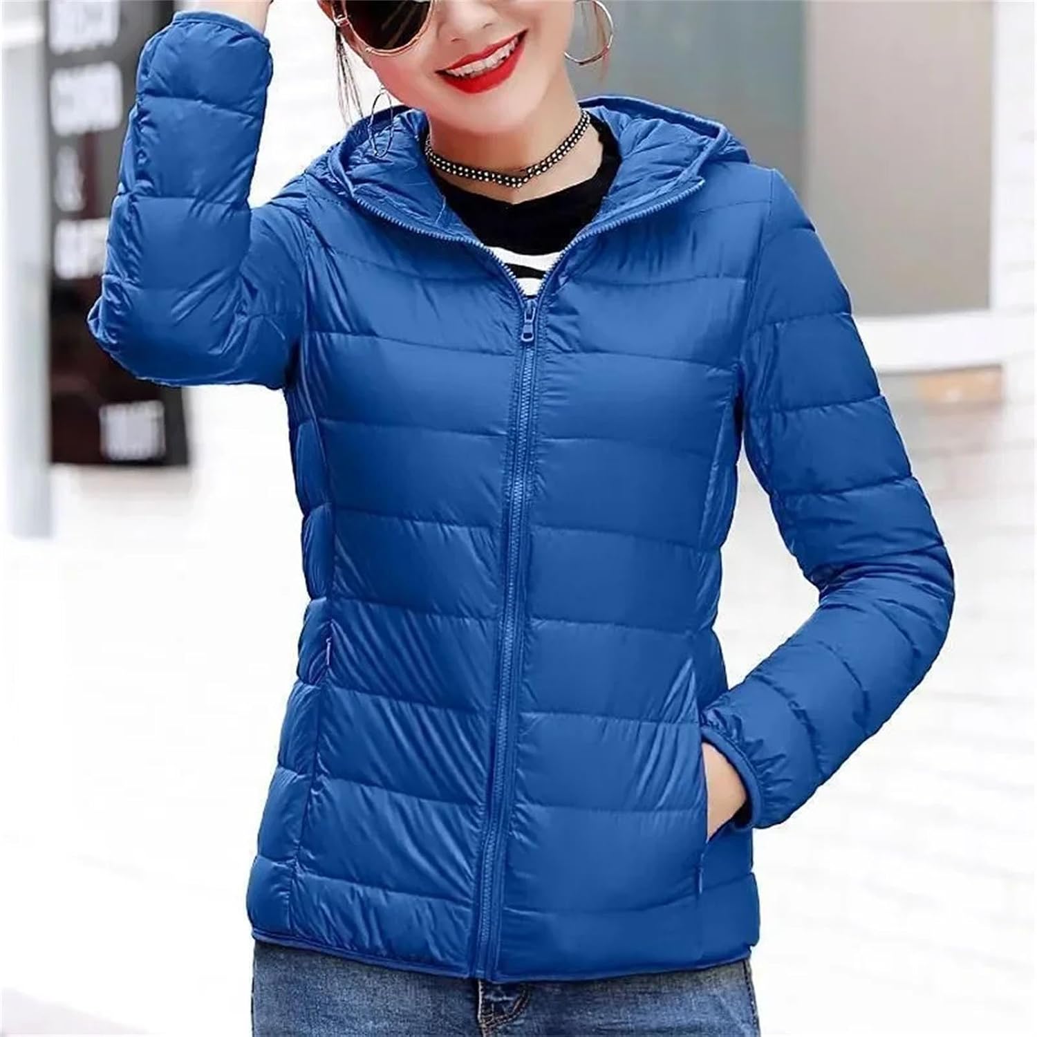 Female Fashion Down Jacket Light White Duck Slim Puffer Portable Windproof Hooded Top
