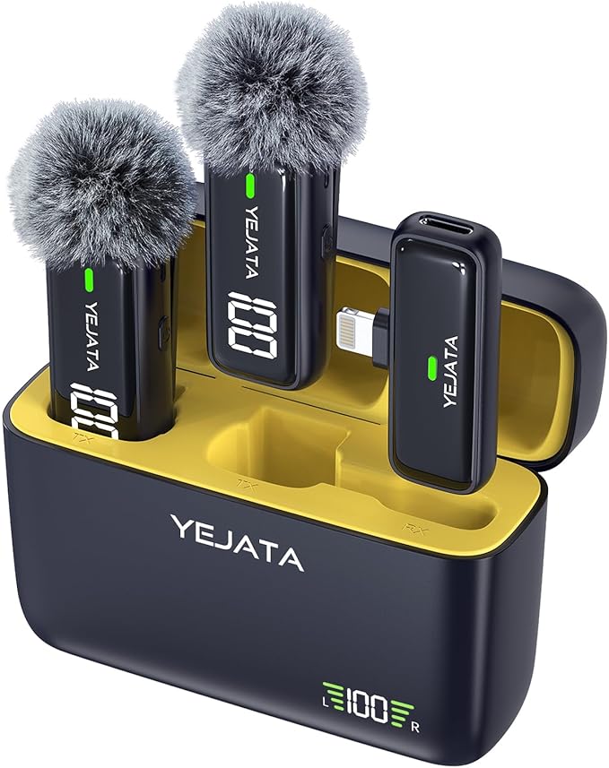 Wireless Microphone for iPhone iPad with Transmitter Digital Display and 40 Hours Charging Case, Clip on Wireless Lavalier Microphone for Video Recording - Set of 2