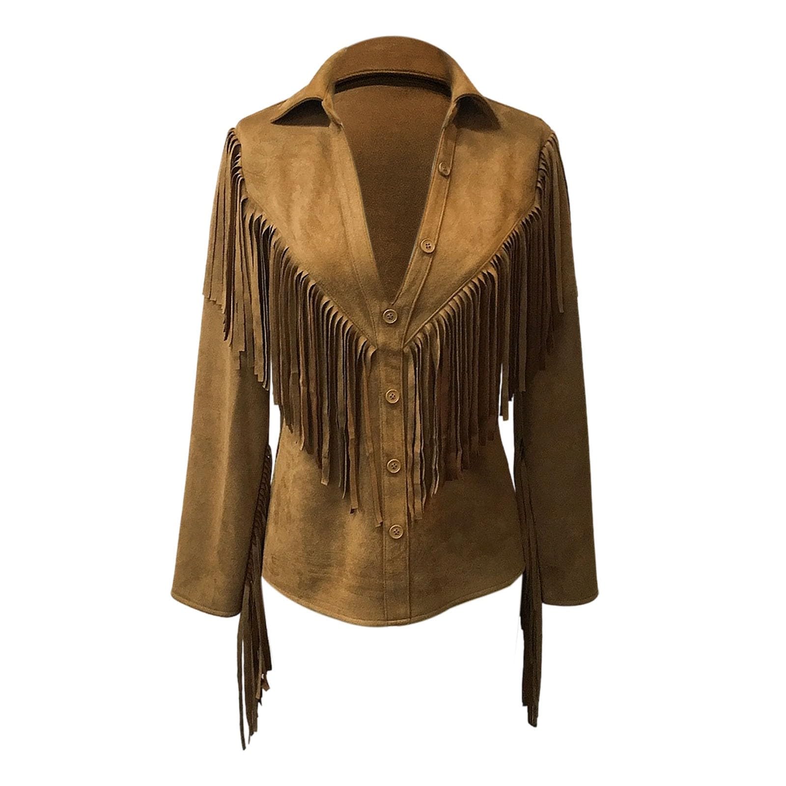 Blusa occidental para mujer con flecos, manga larga, botones hacia abajo, discoteca, vaquera, bohemio, occidental, camisetas de manga larga, sexy, para festival, informal, túnica