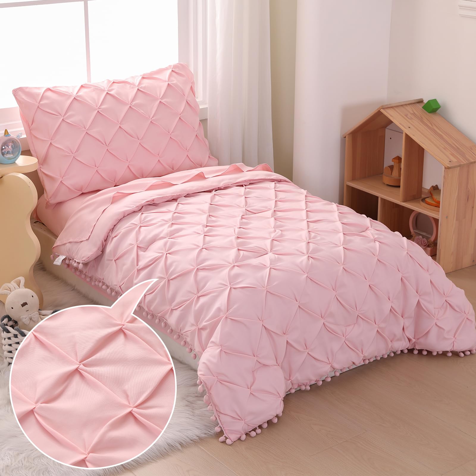 4-Piece Toddler Bedding Set for Girls Light Pink Boho Tufted Design, Pom Pom Comforter Set for Toddlers Breathable for All Seasons Bed Set with Comforter, Flat Sheet, Fitted Sheet, Pillowcase