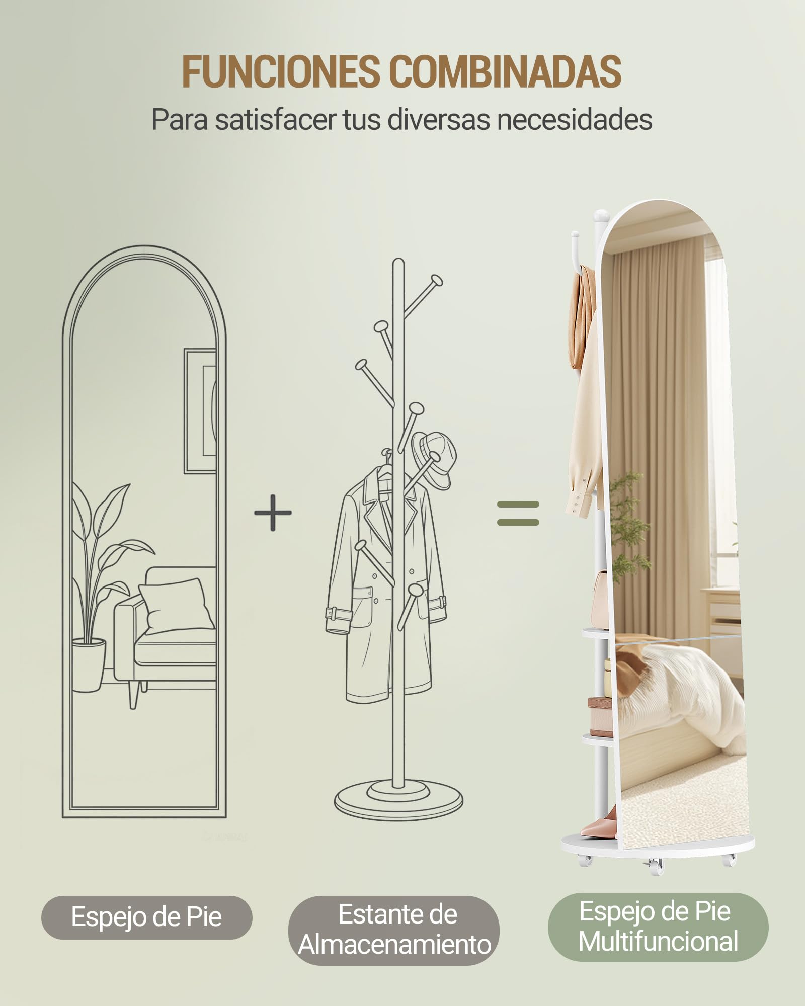 Hzuaneri Espejo de Cuerpo Entero, Espejo de Pie con Ruedas Giratorias de 360°, 165 x 45 cm, 2 Estantes y 6 Ganchos, para Dormitorios, Vestidores y Salón, Vidrio Templado, Blanco DM42303W