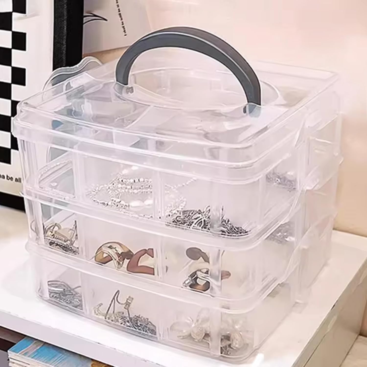 Tackle Box Organizer, 3-Tier Transparent Stackable Organizer Plastic Organizer Box Art Bin Storage Box image 2